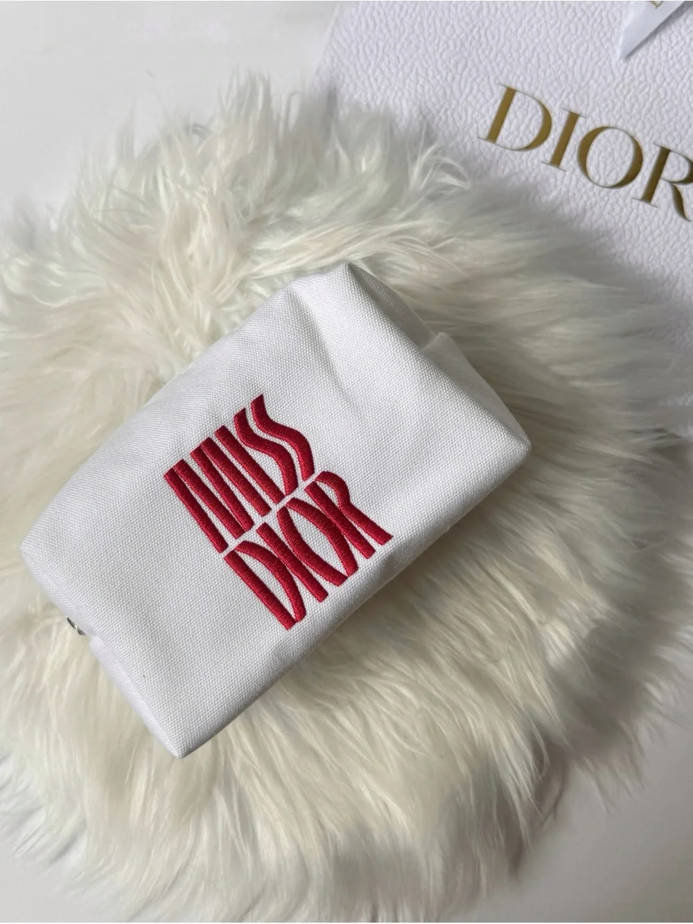 Miss Dior White Canvas Pouch with Pink 'Miss Dior' Embroidery New